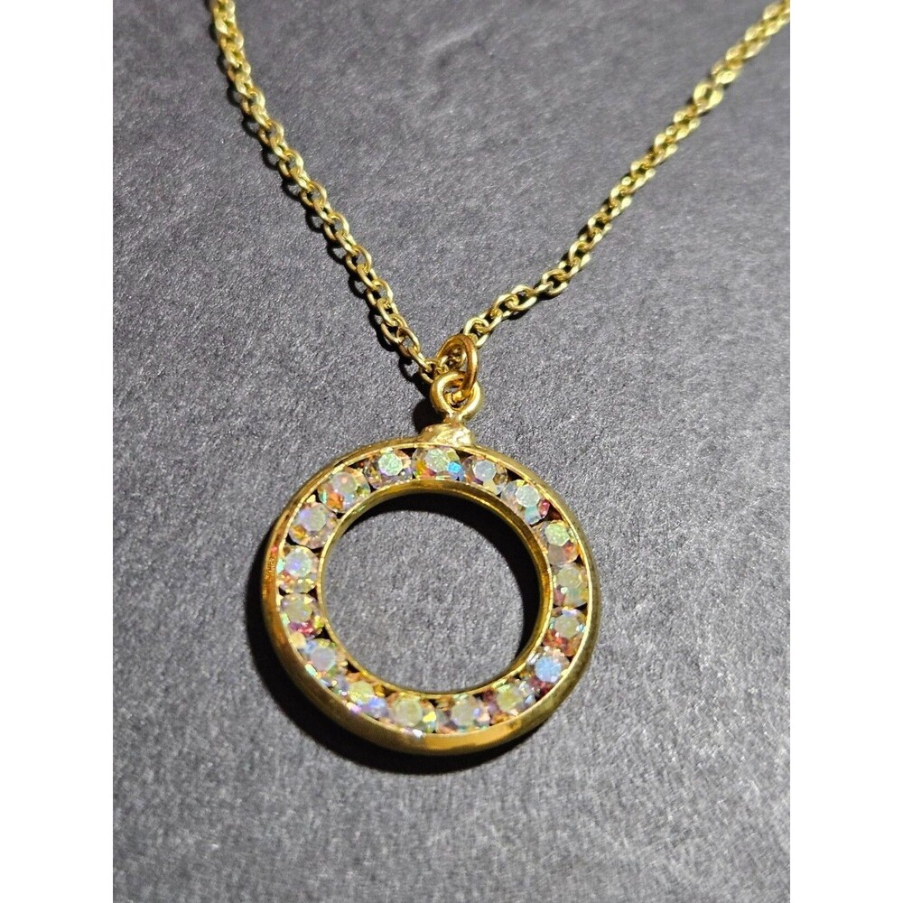 Gold Tone Circular Iridescent Rhinestone Pendant Necklace 18"